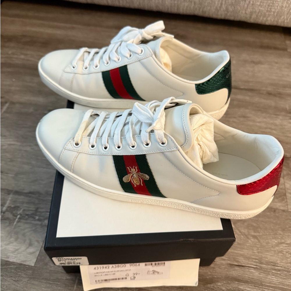Gucci White Sneakers with Red and Green Accents